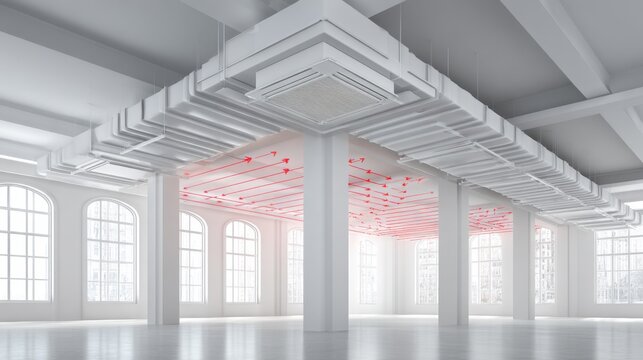 Modern Industrial Space with Air Conditioning Units and Exposed Ductwork in Bright Natural Light