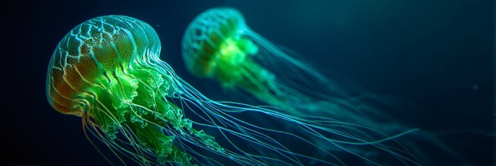 Green glowing jellyfish swimming underwater in deep sea