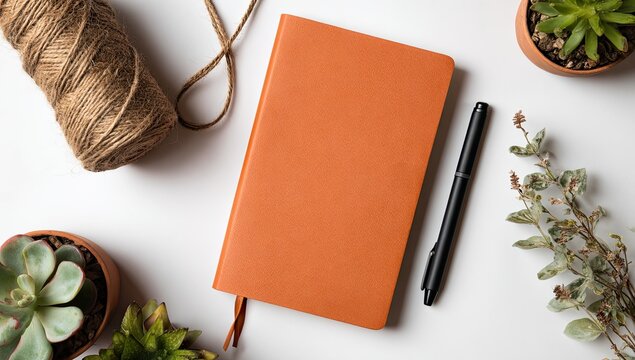 Flatlay of orange notebook, pen, twine, and succulents