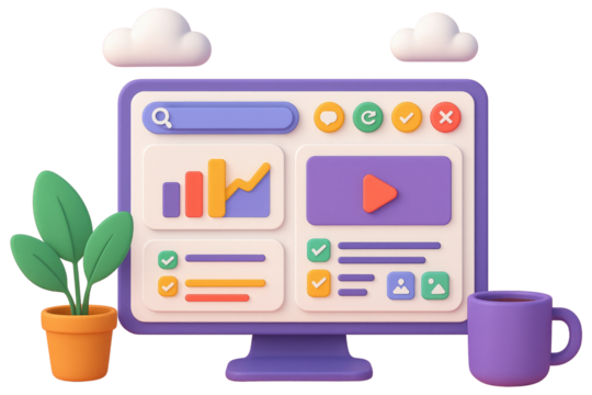 3D Computer Screen with Analytics Icons and Checkmarks Next to a Plant and Purple Mug desktop display isolated on a transparent background