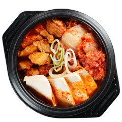 Spicy Kimchi Stew with Pork and Tofu in Black Bowl