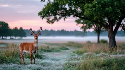 Majestic Deer Standing in Misty Open Field at Dawn with Dramatic Sky Foggy Background and Lush Green Trees in Soft Natural Light Landscape