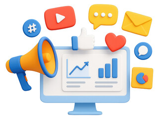 3D computer with megaphone and social media icons including like, chat, email and graph monitor isolated on a transparent background