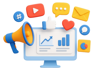 3D computer with megaphone and social media icons including like, chat, email and graph monitor isolated on a transparent background