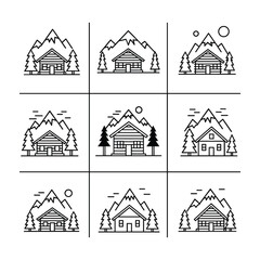 Collection of black line art icons of cabins in mountains with trees and sun or moon vector