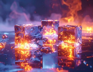 Burning ice cubes in a smoky scene