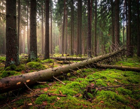 Misty forest floor with fallen log