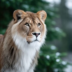 Obraz premium Majestic Lion Portrait with Golden Mane Gaze in Snowy Forest Ambiance