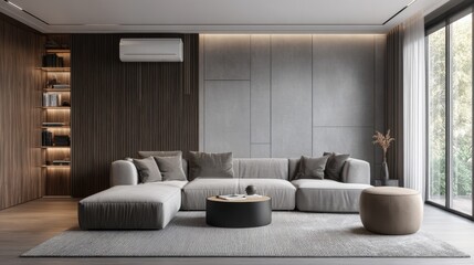 Modern Minimalist Living Room with Cozy Sofa, Stylish Decor, and Natural Light Streaming Through Windows