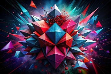 Vibrant Abstract Geometric Explosion with Crystalline Shapes in Red, Blue, and Teal on Cosmic Purple and Green Background