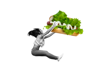Composite trend artwork sketch image photo collage of silhouette young woman jump solve dieting sandwich fast food hungry hamburger