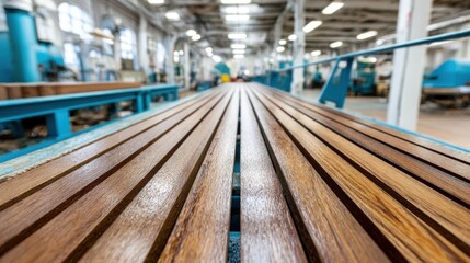 Fototapeta premium A long industrial conveyor or drying rack made of glossy wooden slats, extending into a brightly lit factory setting with blurred machinery.