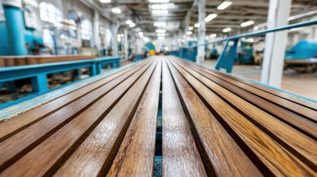 A long industrial conveyor or drying rack made of glossy wooden slats, extending into a brightly lit factory setting with blurred machinery.