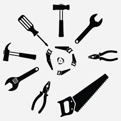 A collection of various black silhouette tools arranged in a circular pattern on a white background