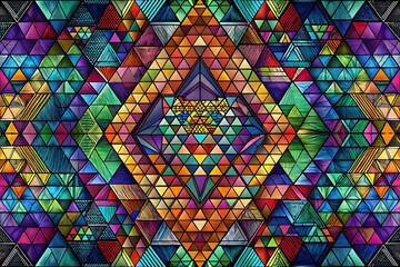 Vibrant Kaleidoscopic Abstract Pattern with Interlocking Triangles in Multicolour Geometric Design