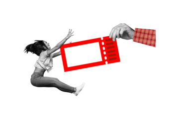 Composite photo collage of excited girl jump coupon promo black friday discount shopping mall sale isolated on painted background