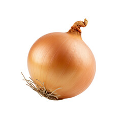 A single, perfectly spherical, unpeeled yellow onion with delicate papery golden-brown skin and dried roots, against a transparent studio background, Concept of pristine freshness and natural