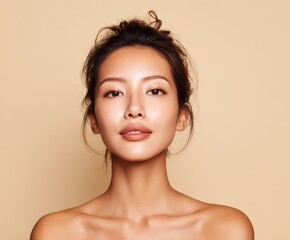 A close-up portrait of a woman with smooth, radiant skin against a soft beige backdrop, showcasing a healthy and glowing complexion.