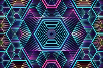 Symmetrical Kaleidoscopic Abstract with Glowing Hexagon and Neon Geometric Shapes