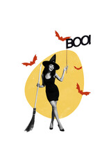 Vertical photo collage of happy witch girl hold boo broom halloween masquerade party tradition horror isolated on painted background