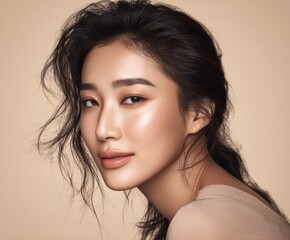 Close-up portrait of a woman with a soft, glowing complexion and voluminous hair against a neutral background, showcasing a radiant and healthy aesthetic.