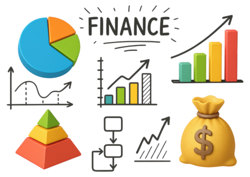 3D finance and investment concept with charts, pyramid, money bag, and FINANCE text business economy isolated on a transparent background