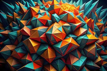 Vibrant 3D Geometric Landscape with Crystal-Like Facets and Glowing Central Core Abstract Digital Art