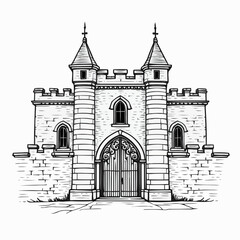 Detailed line art vector of a manor house with brickwork and gate scrolls  