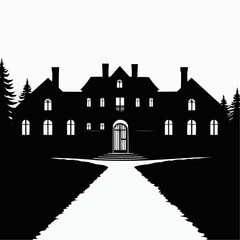 Silhouette of a luxury mansion with gated path and negative space  