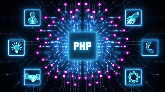 PHP programming language concept with business and technology icons.Abstract glowing blue circuit board background