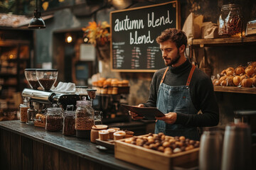 Man in apron using tablet at counter.