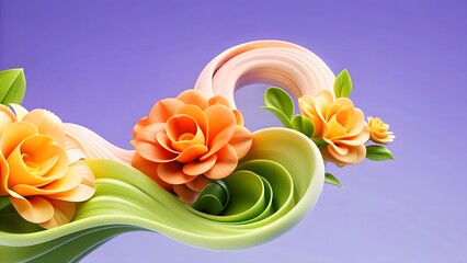 Vibrant Camellia-Like Flowers with Flowing Ribbons on Soft Purple Gradient Background Digital Illustration