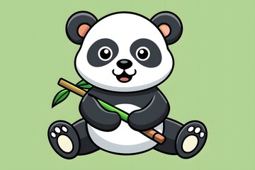 Cute Cartoon Baby Panda Sitting with Bamboo on Soft Green Background Illustration