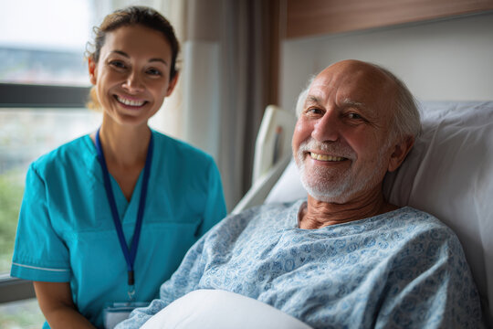 Kind nurse in blue scrubs smiling beside happy elderly man resting in hospital bed, creating warm and caring atmosphere in medical room - Powered by Adobe