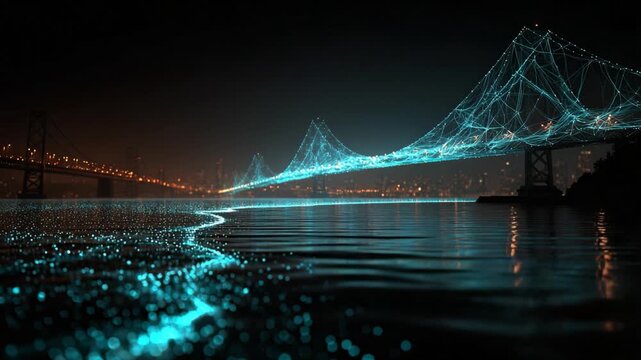Conceptual visualization of big data as a glowing blue digital network forming a bridge over water, connecting to a futuristic city skyline with shimmering lights and reflections at night
