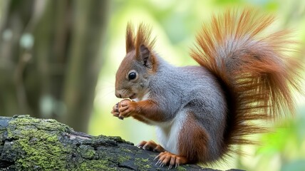Red squirrel on mossy tree branch eating seed, close-up wildlife scene in natural forest setting with blurred green background