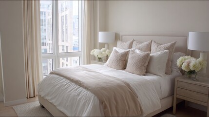 Elegant and Bright Bedroom with Soft Neutral Tones and Modern Decor Featuring Plush Textures and Cozy Atmosphere