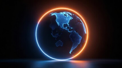 Neon planet Earth hologram with a blue and orange glowing ring spinning in a seamless loop on a dark background, representing global network, technology, connection and futuristic concepts - Powered by Adobe