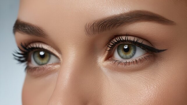 Close-up of green-hazel eyes with eyeliner and mascara, well-groomed eyebrows and smooth skin, beauty and makeup detail