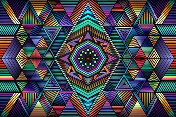 Vibrant Geometric Mandala Abstract with Triangles, Diamonds, and Iridescent Psychedelic Colours