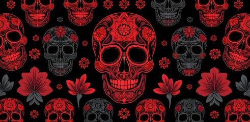 Vibrant Sugar Skull Pattern with Red and Dark Gray Skulls and Floral Gothic Decorations on Black Background