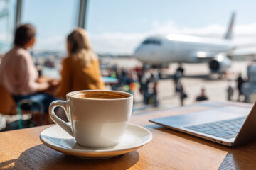 Coffee and laptop at airport cafe