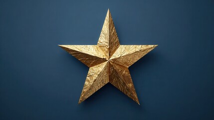 Obraz premium Golden textured star symbolizing success, achievement, and excellence, standing out against a dark blue background, representing quality and premium value