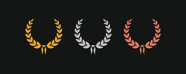 Laurel wreath award set with gold, silver, and bronze colors. A vector collection for winners, perfect for first, second, and third place achievements