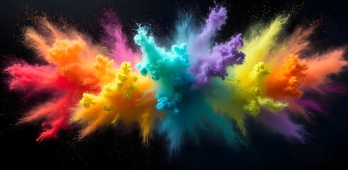 Vibrant Colourful Powder Explosion on Dark Background with Dynamic Swirls and Energy Burst