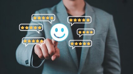 Businessman Touching Smiley Face with Five Star Rating Icons Representing Customer Feedback and Satisfaction