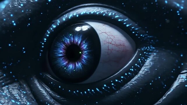 Alien eye close-up animation, cosmic, galaxy iris, glowing skin. Perfect for sci-fi, fantasy projects, tech visualizations, futuristic concepts, medical displays, special effects.