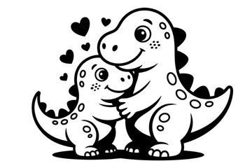 Obraz premium A charming black and white illustration of two cute dinosaurs hugging, surrounded by hearts, symbolizing love and affection
