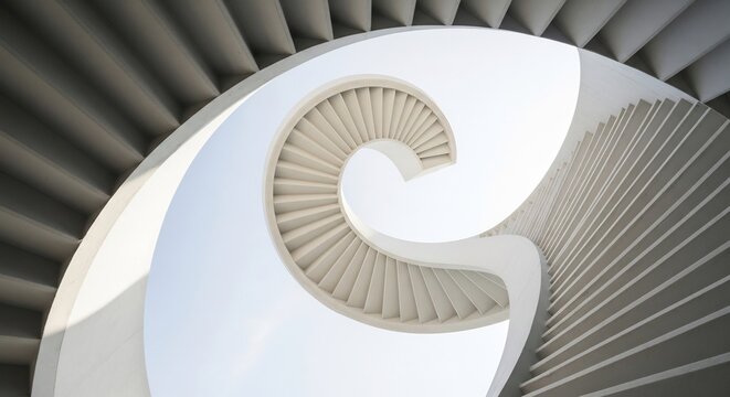 Abstract view of a concrete spiral staircase against a bright sky