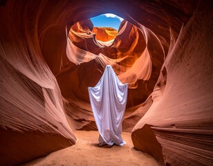 A ghostly figure in a sandstone canyon